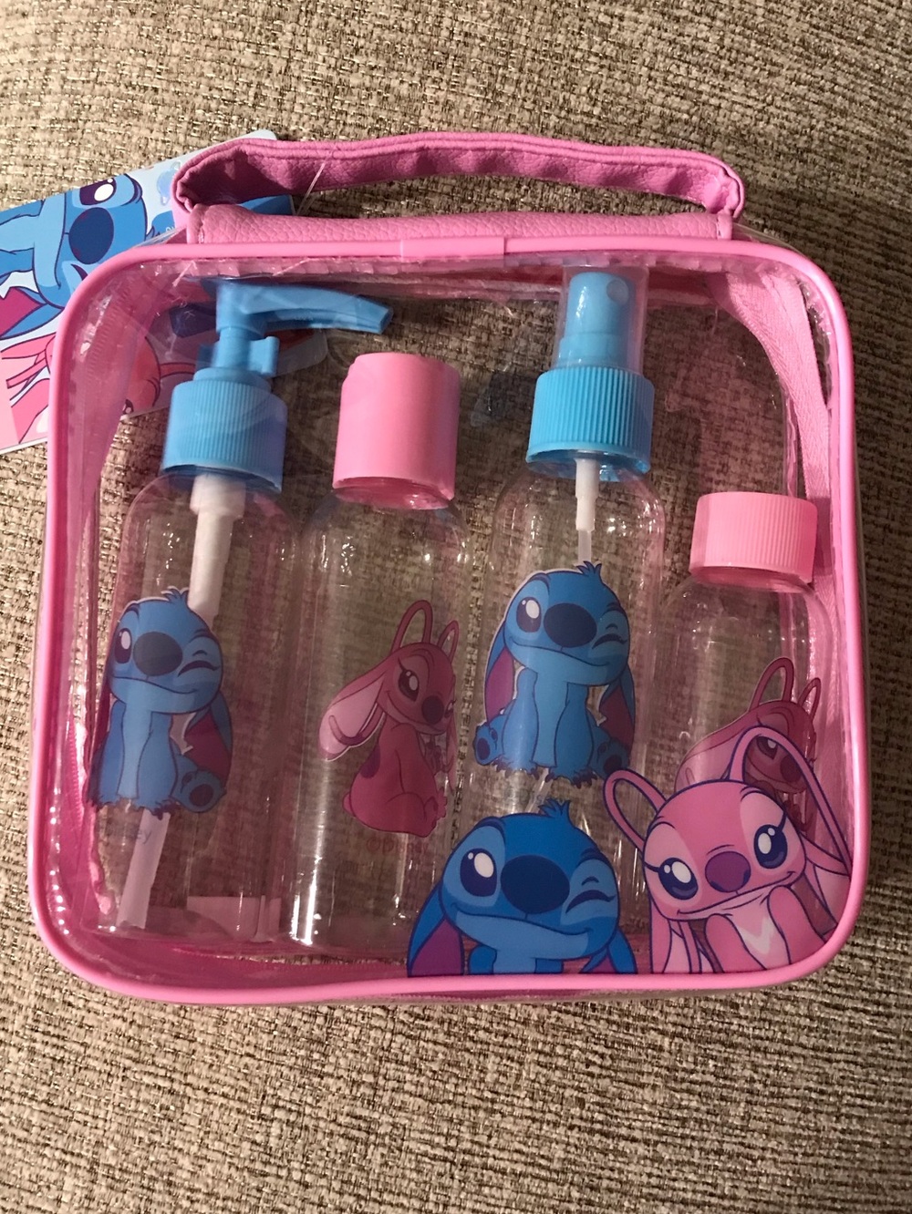 NWT -Pink Kids Travel Bath & Hair Bottle Set with Cartoon STITCH Characters